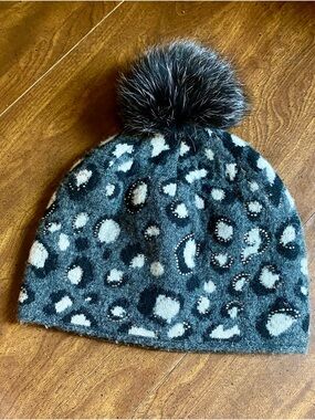 Mitchie’s Leopard Print Wool Hat Charcoal Grey with Fox Fur Pom